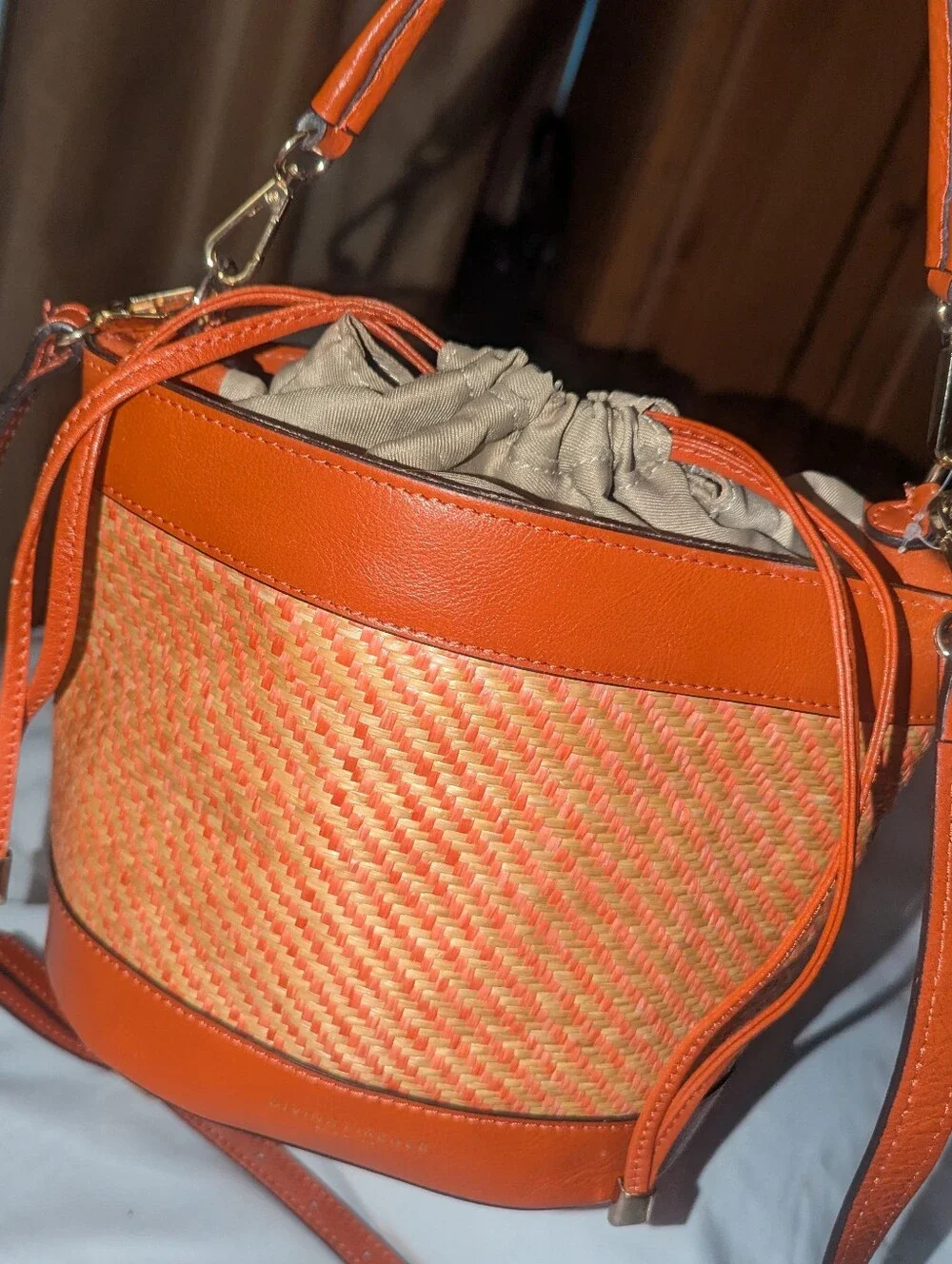 Divina Firenze Orange Woven Bucket Crossbody Bag.Made In Italy